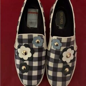 Michael Kors Checkered Slip-On Shoes with Floral Accents